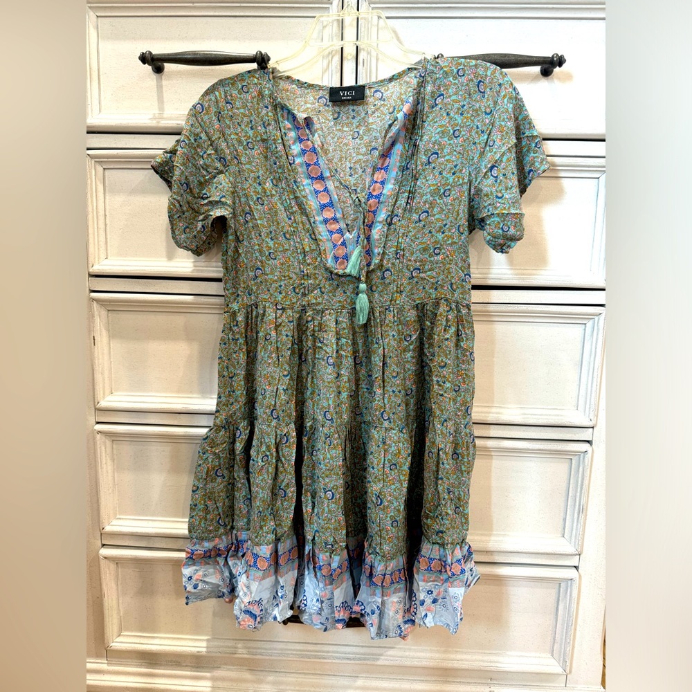 Vici Green Paisley Mini Dress with Blue & Pink Trim